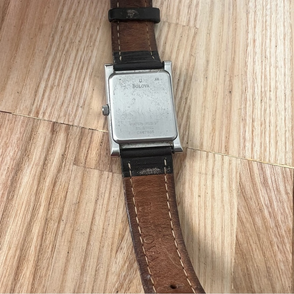 Bulova rectangular silver tone brown leather watc… - image 11